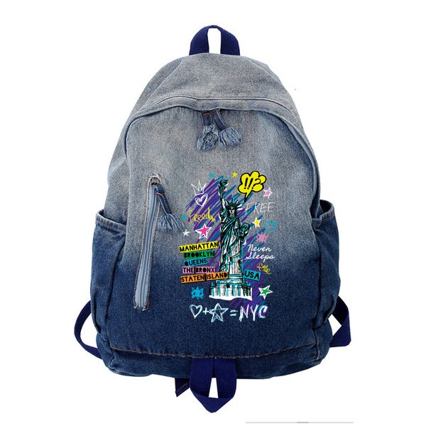 

school bags gradient washed denim backpack women men trend om goddess pattern print student bag casual versatile 230807