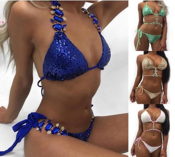 

women glitter sequins crystal swimwear two piece swimsuit bikini set gold green blue pushup padded bathing suit beachwear57299708843
