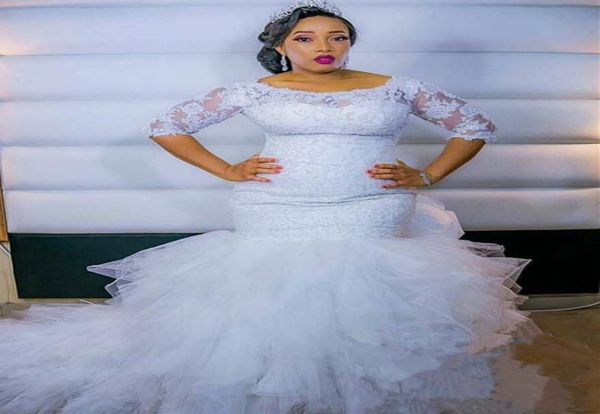 

plus size african wedding dresses 2019 new design custom made court train 34 long sleeve ruffled tulle lace mermaid bridal gowns 8891539, White