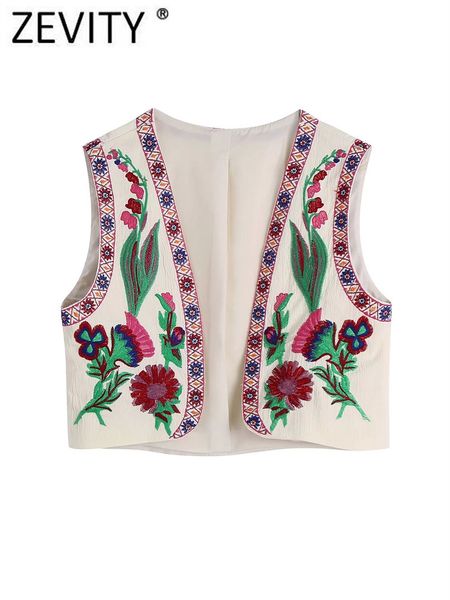 

women's vests zevity women vintage position floral embroidery short vest jacket ladies national style patchwork casual waistcoat ct139, Black;white