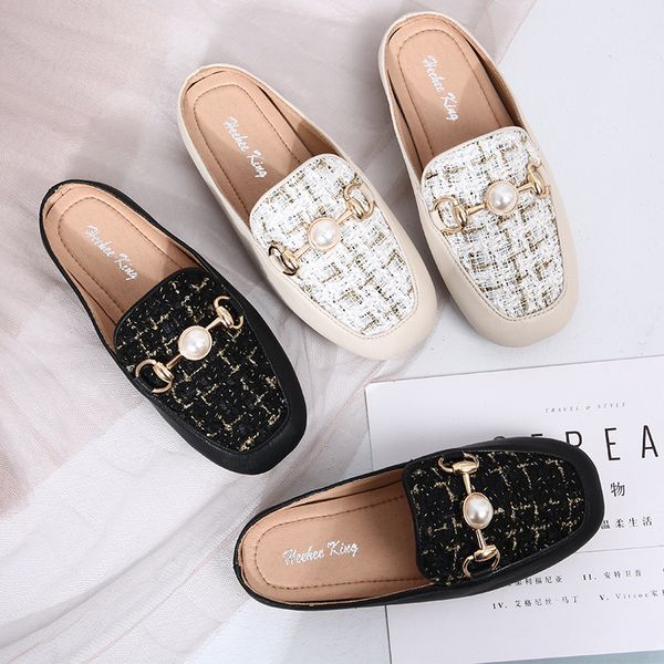 

lady style children plaid flip flops ins girls pearl metal buckles clogs kids soft bootom leather outdoor slippers eur 25-35 s0311, Black;grey