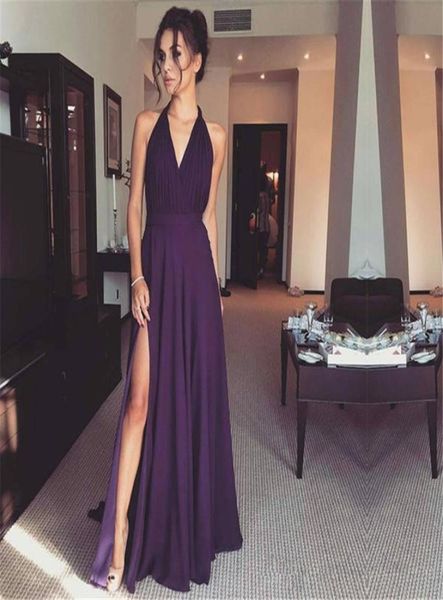 

2019 purple halter v neck chiffon long prom dresses a line pleats high split floor length evening dress bridesmaid gown5263800, Black