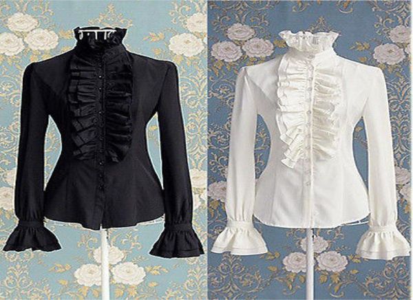 

victorian women ol office lady shirt high neck frilly ruffle cuffs shirt blouse8946085, White