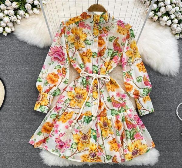 

2023 new flower holiday beach dress women039s stand collar long lantern sleeve floral print tassel belt lace up loose vestidos4907765, Black