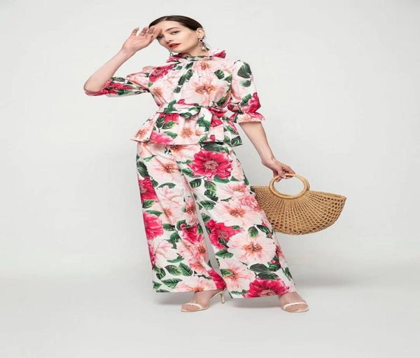 

women039s two piece pants french country style big flower printing beautiful fashionable retro middle sleeve waist shirt trouse4219383, White