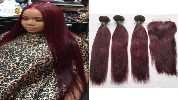 

brazilian straight human hair 99j burgundy 3 bundles with 4x4 middle part lace closure wine red hair extensions length 1224 inch3583319, Black;brown