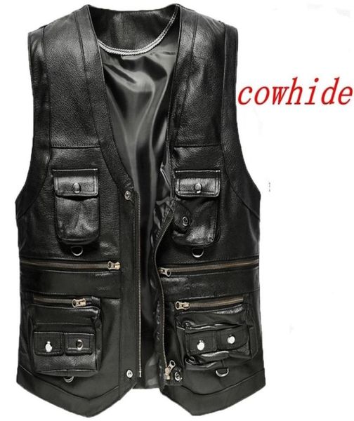 

cowhide genuine leather vest men brown waistcoat male sleeveless jacket thick motorcycle plus size vest multi pocket zipper 2012166408487, Black;white