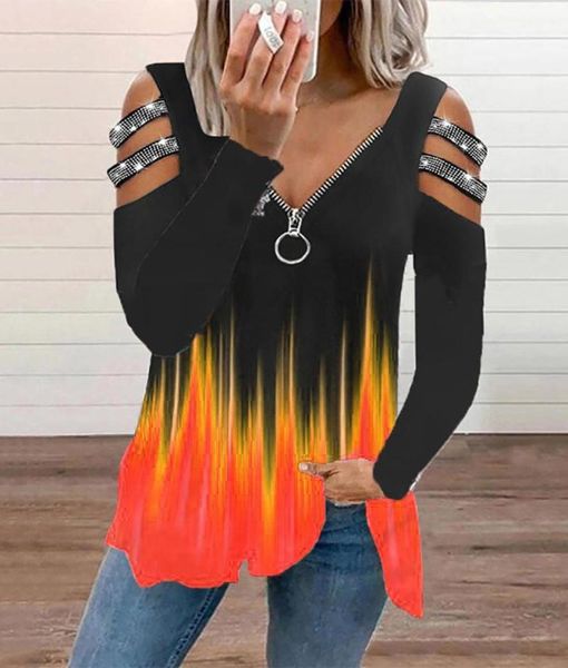 

women's t-shirt ninimour store 2022 autumn v neck colorblock rhine strap cutout zip front casual long sleeve womens loungewea9892462, White