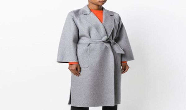 

autumn winter long wool coat women fashion gray cashmere jacket womens belt woolen blend overcoat11412633, Black