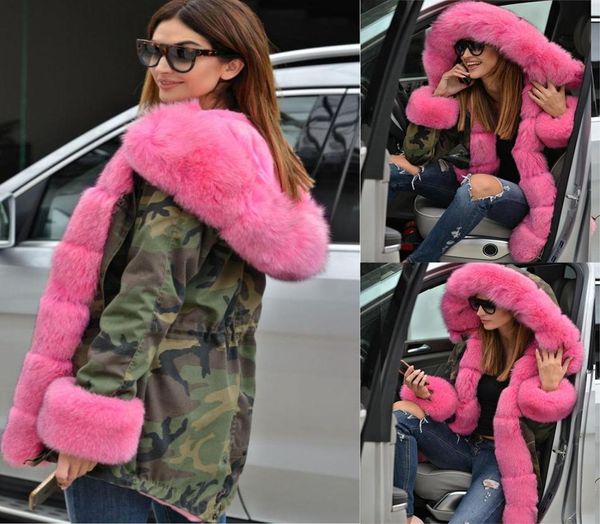 

winter women thicken pink faux fur camouflage parka women hooded long fashion jacket overcoat plus size m5xl5471010, Black