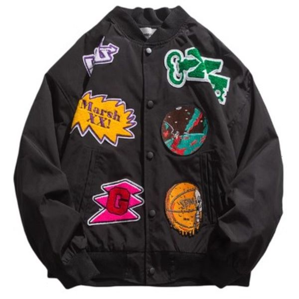 

men's hoodies sweatshirts high street men's vintage jacket lapel towel embroidery cotton varsity jacket american loose cartoon pri, Black