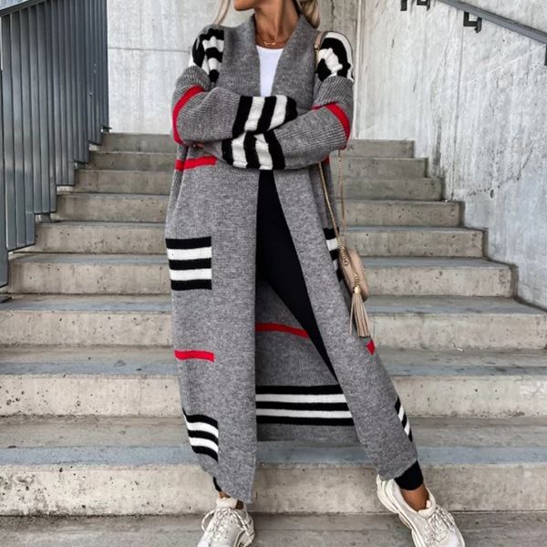 

women's knits tees spring knitted cardigan women striped patchwork autumn winter elegant long outerwear maxi y2k sweater coat soft jack, White
