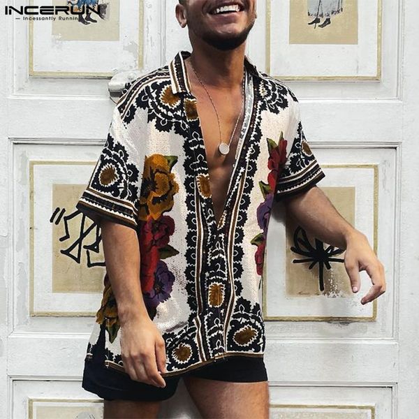 

men's casual shirts incerun men casual shirt printing lapel button short sleeve summer men clothing vacation vintage streetwear camisas, White;black