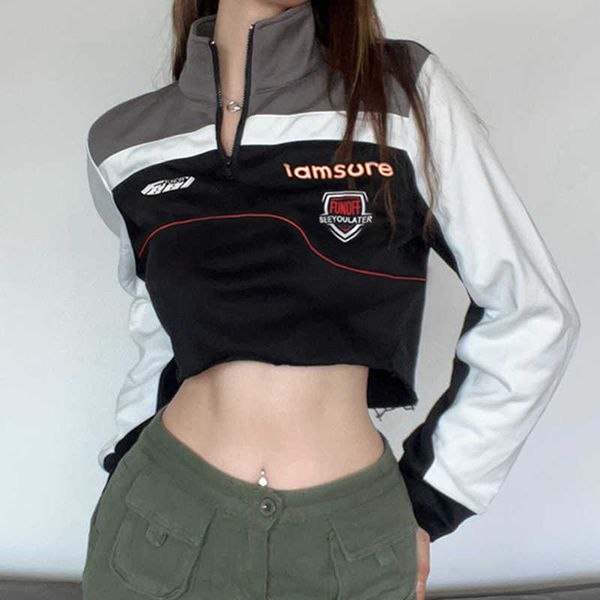 

no brand name spicy girl street cool and handsome motorcycle style high neck zipper raglan long sleeve contrast panel racing style short swe, Black