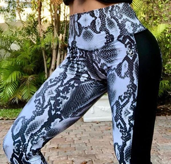 

high waist snake skin print push up leggings women leather patchwork polyester ankle length polyester fitness leggins pants8629304, Black