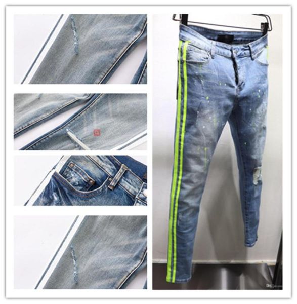 

arrivals mens jeans classic white stripe fashion off straight fit biker designer men jeans broken hole stripes 9536859, Blue