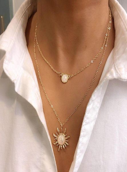 

bohemian multilayer sun flower pendant necklace women fashion opal locket clavicle chain choker alloy jewelry gift8335676, Silver