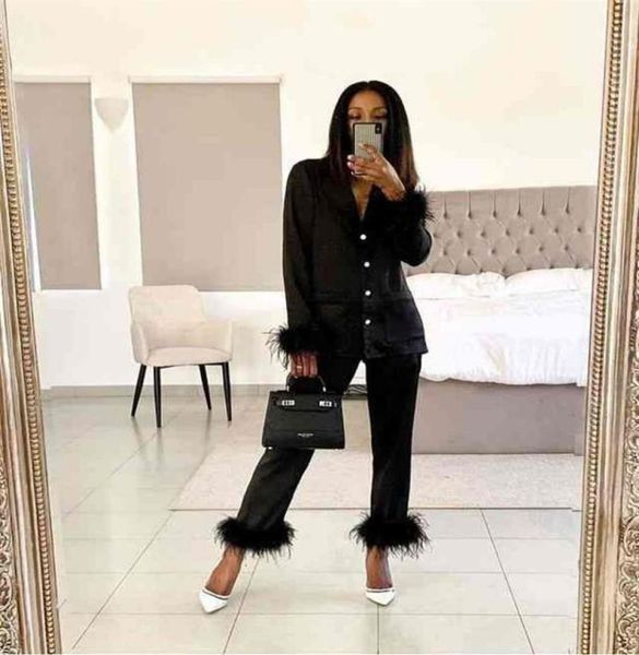 

women039s two piece pants chic feather detail lounge suits long sleeve button up slim set wpmen casual wool pajamas spj621817039, White