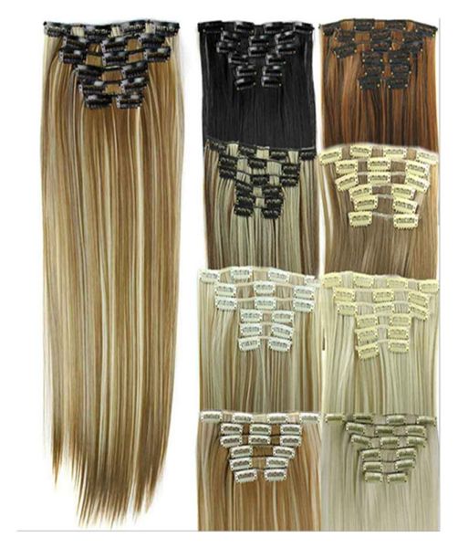 

6pcsset synthetic clip in hair extensions straight hair 24inch 140g synthetic clip on hair extensions d10145392993, Black;brown