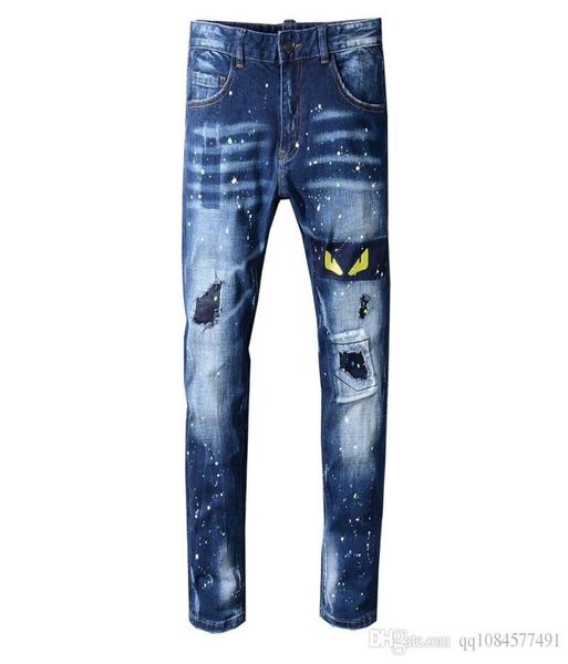 

2019 summer new mens creative cat eye embroidery jeans male korean version designer jeans wrinkle patch stretch slim feet pants1901900, Blue