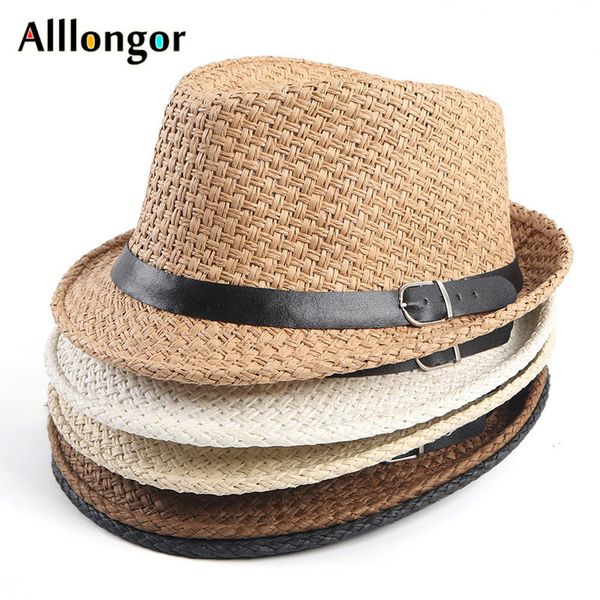 

wide brim hats bucket summer straw hat men women jazz fedora with belt short sleeve casual beach visor sun cap panama sombrero hombre 230808, Blue;gray