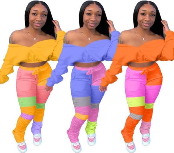 

off shoulder tracksuit lounge wear color patchwork crop stacked leggings bodycon two piece set outfit for women 4xl2984030, Gray