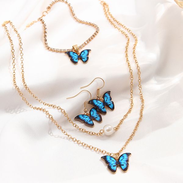 

wedding jewelry sets 17km gold color chain necklace earrings blue butterfly for women girls fashion minimalist bracelet trend party gifts 23, Slivery;golden