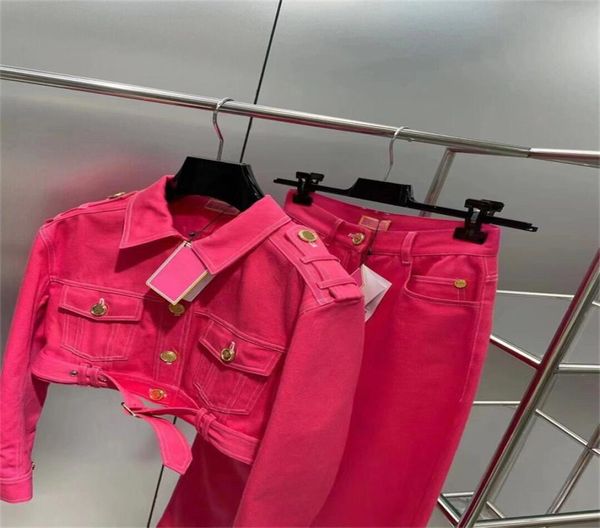 

women039s denim two piece pants new suit pink lady jean tracksuit fashion long sleeve pants gold button for 5290092, White