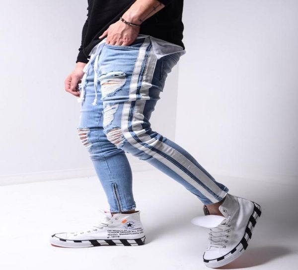 

side striped ripped jean mens fashion denim long pencil pants clothes male black high street slim biker jeans4984901, Blue