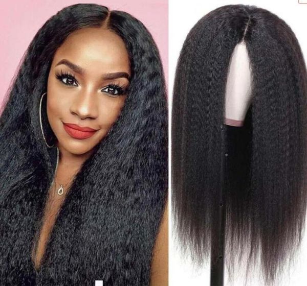 

28inches glueless long kinky straight lace front wigs for black women yaki synthetic wig natural color imitation human hair wig4195547724