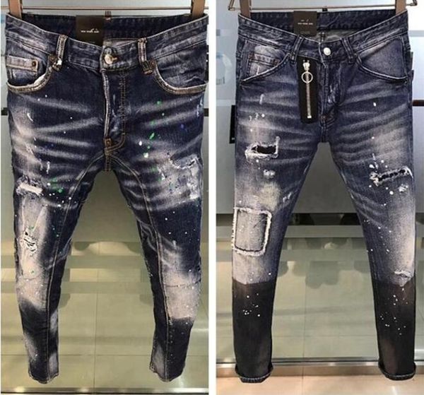 

mens cool italian brand pencil jeans skinny ripped destroyed stretch slim fit hop pants with holes for men 052798, Blue