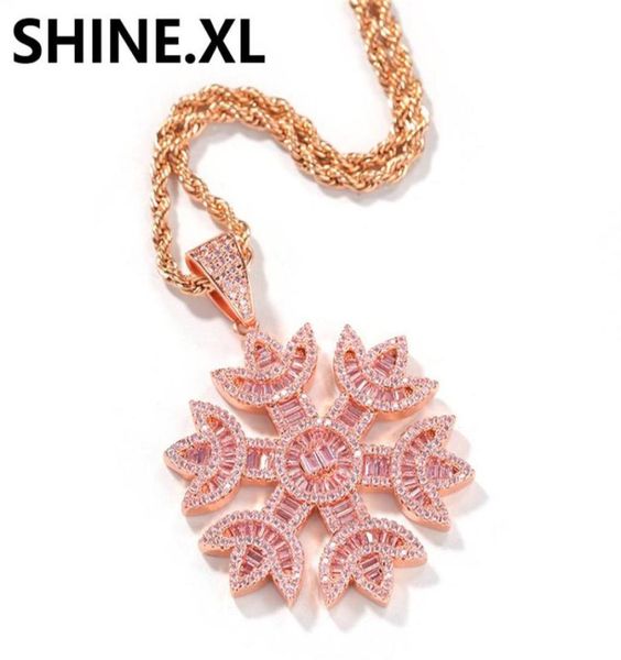 

hip hop iced out pink zircon snowflake pendant necklace with stainless steel rope chain mens bling jewelry25024021881, Silver