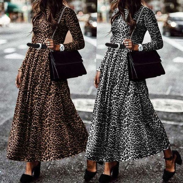 

large size womens clothing fashionable retro leopard print dress round neck long sleeve casual wrinkled pleated, Black;gray