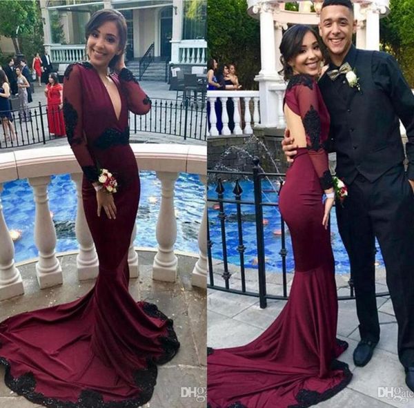 

burgundy mermaid prom dresses long v neck lace applique long sleeves floor length satin formal dress evening gwons vestido de5178506, Black