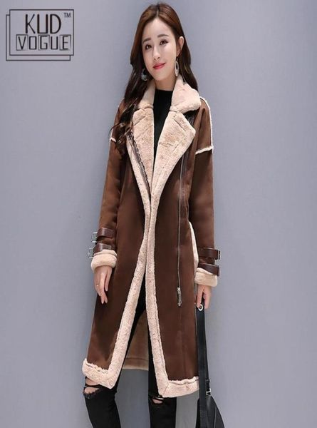 

women faux leather lambs wool coat female long thick warm shearling coats suede leather jackets autumn winter female outerwear t191580346, Black