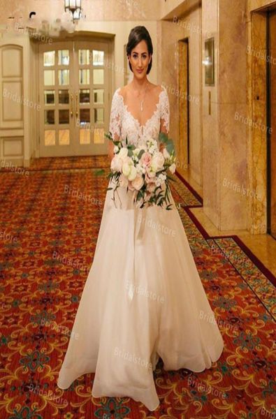 

elegant ivory bohemian wedding dresses 2021v neck lace long sleeve boho countryside bridal gowns low backless bride dress plu7863721, White