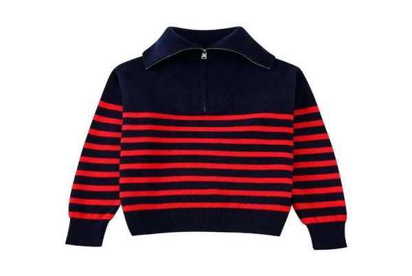 

europe and america autumn and winter new women039s sweater loose stripe pullover long sleeve zipper high neck knitwear women7398068113473, White;black