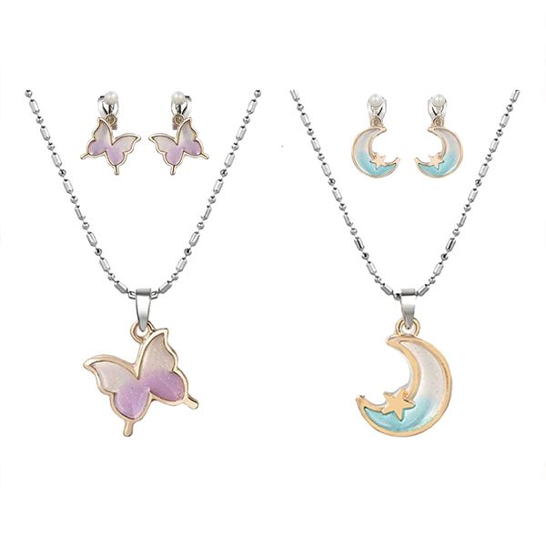 

wedding jewelry sets 2 in 1 earrings and necklace set clipon no ear pain cute girl child birthday temple fair holiday summer 230808, Slivery;golden