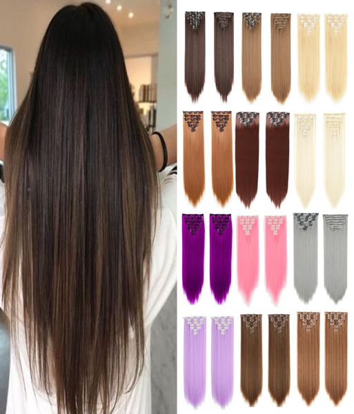 

22 inches medium lenght straight hair clip in hair extension synthetic false hair whole 7piece set4734947, Black;brown