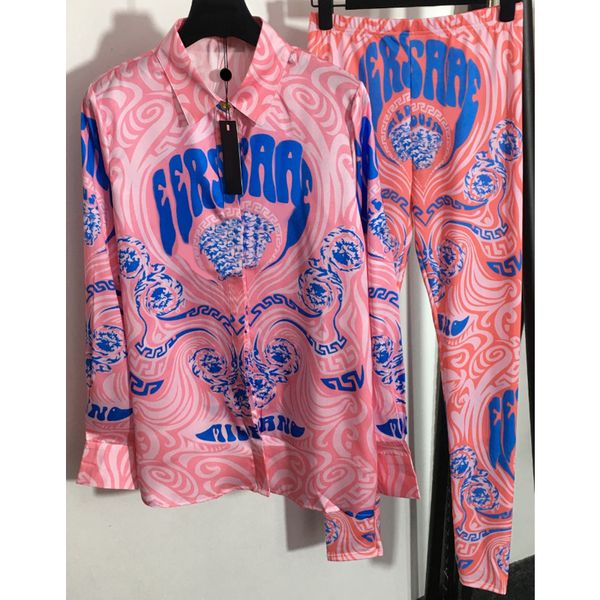 

8.8 temperament abstract letter print lapel long sleeve blouse +leggings women's two piece sets, White