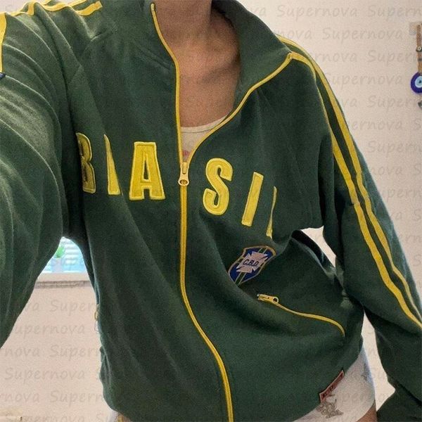 

women's jackets aestheticism commuting letter pattern embroidery zipper sports high street shirt gothic sports garbage men's and w, Black;brown