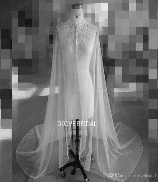 

romantic lace high neck long bridal wrap wedding shoulder veil cloaks factory custom make mantle bolero with covered buttons real 9498744, Black