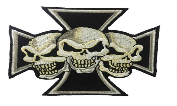 

fantastic maltese cross devil triple skulls christian embroidered patch iron on sew on patch for biker clothing jacket vest 3352527, Black