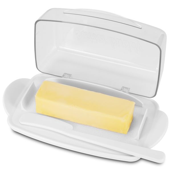 

butter dish with counterlid, durable plastic butter container with spreader knife, cute handle and flip lid design for easy access, non-slip