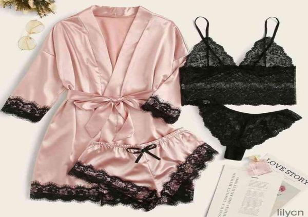 

4pcs summer sleepwear camisole pajamas woman robe set lace satin wireless bra shorts bow ladies dressing gowns8300319, Black;red