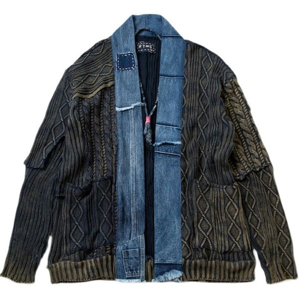 

mens jackets denim stitching sweater cardigan taoist robe coat high street washed loose jacket male 230808, Black;brown