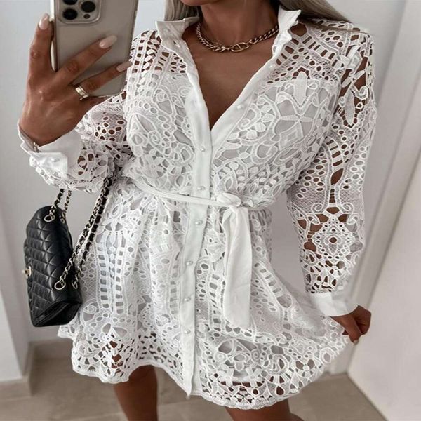 

womens summer pure color hollowed out lace single breasted long sleeved dress, Black;gray