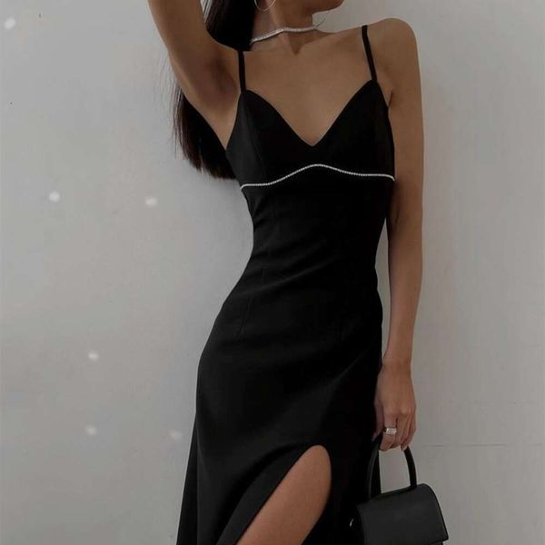 

spring womens style v neck straps backless beaded slit dress, Black;gray