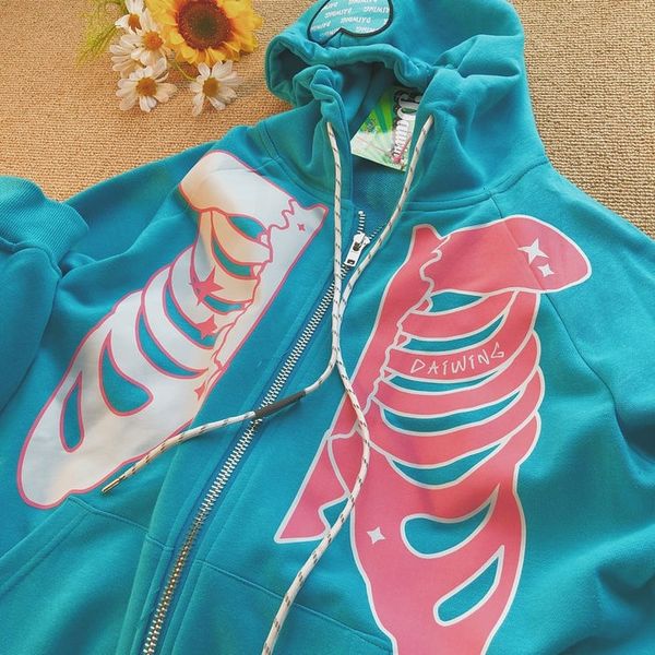 

men's hoodies sweatshirts y2k skull print hooded sweater men and women spring and autumn thin zipper cardigan korean fashion chic multi, Black