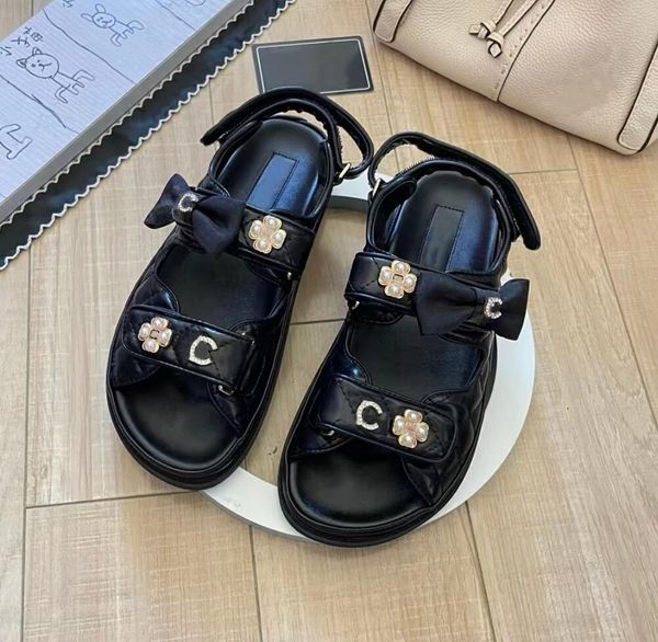 

designer dad sandals classic women sandals fashion casual flat sandals luxury flat beach dad sandal summer outdoor women velour bowknot pear, Black